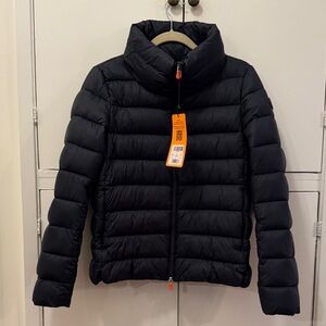 SAVE THE DUCK Navy Blue Quilted Puffer Jacket with Orange Zip Pull